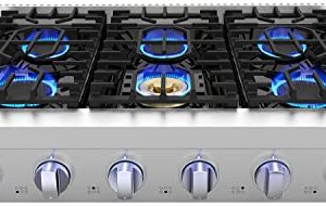 موقد غاز 36 بوصة ، GASLAND Chef Professional Gas Rangetop Slide-in Pro RT3606 مع أضواء مؤشر زرقاء ، 6 شعلات محكمة الغلق ، شبكات من الحديد الزهر ، إعادة الإشعال ، توصيل 120 فولت