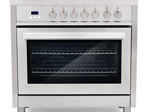 COSMO F965 نطاق وقود مزدوج 36 بوصة 220/240 فولت مع 5 شعلات غاز وفرن حراري كهربائي 3.8 متر مكعب. السعة ، 8 وظائف ، الجزء الداخلي من البورسلين الأسود من الفولاذ المقاوم للصدأ