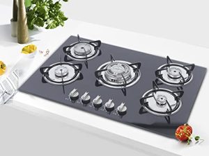 موقد غاز TBVECHI ، 30 بوصة 5 شعلات مدمج LPG / NG موقد سطح زجاجي مقسى مع حماية من اللهب (770x510mm)