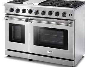Thor Kitchen LRG4807U Premium Professional 48 بوصة 6.8 قدم مكعب 6 شعلات متعددة الأحجام تعمل بالغاز وفرن مزدوج مع صينية من الفولاذ المقاوم للصدأ